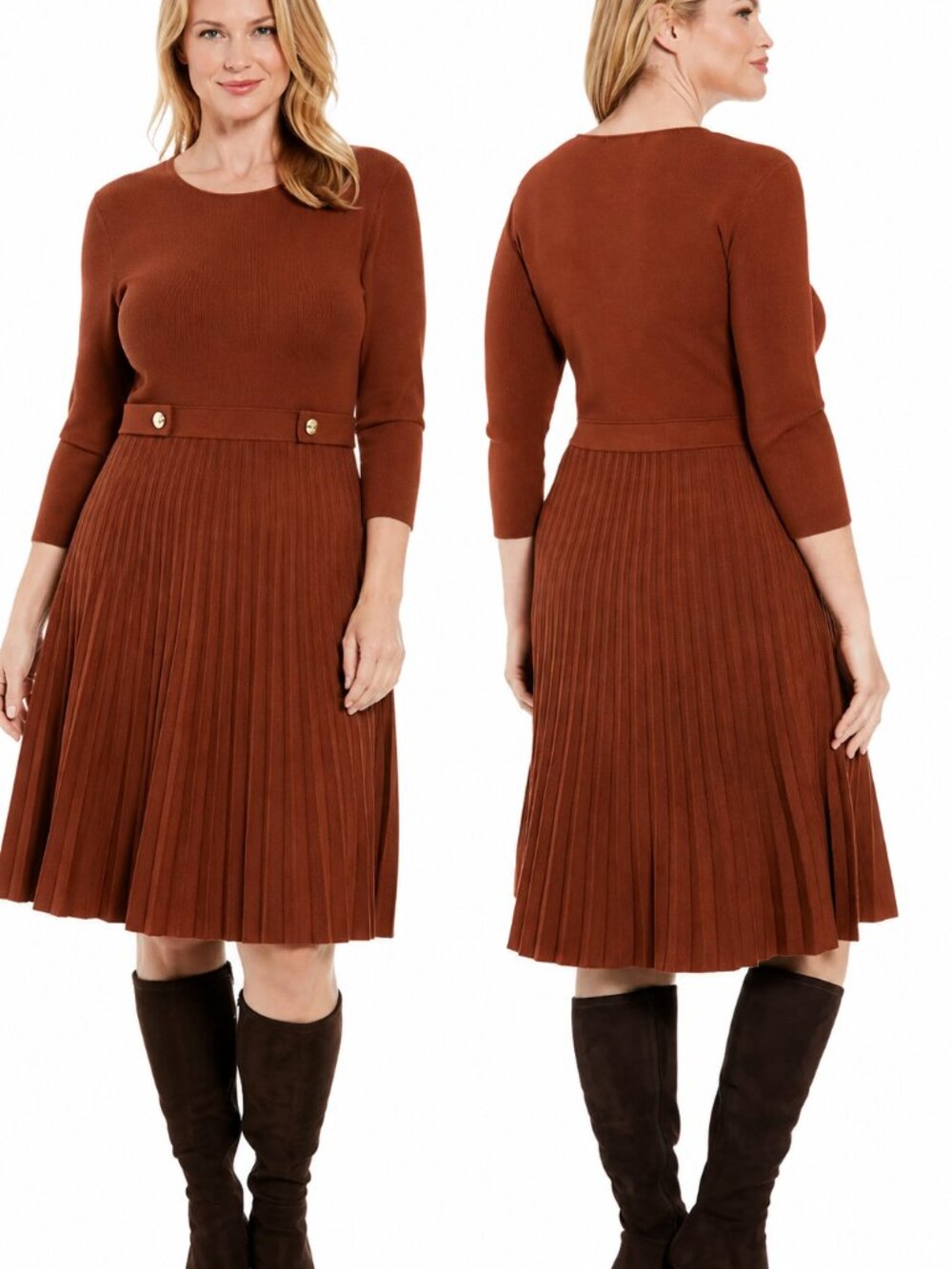 Pleated Sweater Dress Rust Brown Fit & Flare London Times M